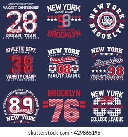 Set of t-shirt graphic designs,  New York sports wear typography emblems, Creative print stamps, Vector