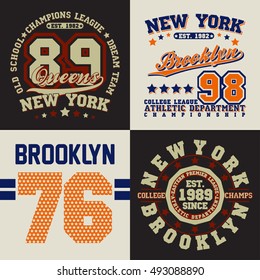 Set of t-shirt graphic designs,  New York sports wear typography emblems, Creative print stamps, Vector