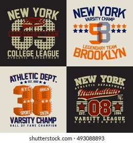 Set of t-shirt graphic designs,  New York sports wear typography emblems, Creative print stamps, Vector