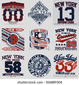 Conjunto de designs gráficos de t-shirt, emblemas de tipografia de desgaste esportivo de Nova York, selos de impressão criativa, vetor