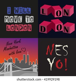 Set of  t-shirt graphics. With the theme of New York and London.