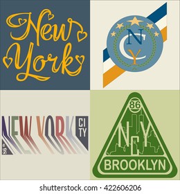 Set of t-shirt graphics, typography. New York.