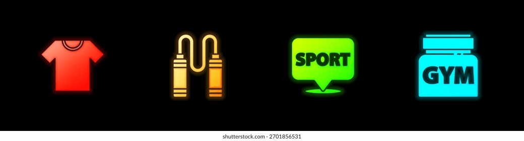 Set T-shirt, Jump rope, Location gym and Sports nutrition icon. Vector