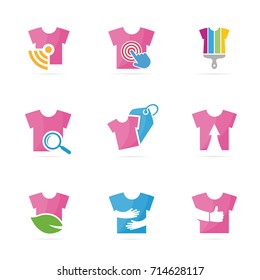 Set of t-shirt logo combination. Garment and cloth symbol or icon. Unique apparel and fashion logotype design template.