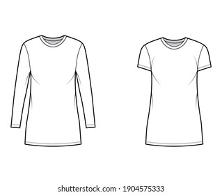 Set of T-shirt mini dresses technical fashion illustration with crew neck, long and short sleeves, oversized, Pencil fullness. Flat apparel template front white color. Women, men, unisex CAD mockup