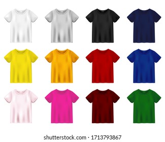 Set of t-shirt mockup isolated on white background. Unisex tee template. Black, red, blue, yellow, pink, orange, grey, green, white and brown version tee in realistic style. Vector illustration