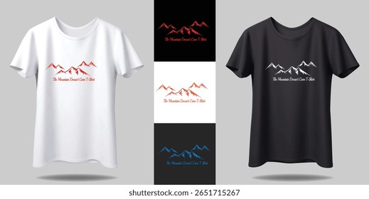 A set of t-shirt mockups showcasing a mountain graphic with the text "The Mountain Doesn't Care T-Shirt" in various colors on white and black shirts.