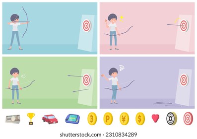 Set of t-shirt mush hair woman aiming with a bow and arrow.It's vector art so easy to edit.