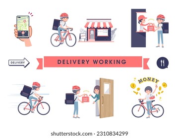 Set of t-shirt mush hair woman doing delivery work.It's vector art so easy to edit.