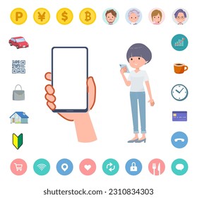 Set of t-shirt mush hair woman looking at a smartphone screen.It's vector art so easy to edit.The inside of the screen is transparent, so it is easy to fit.