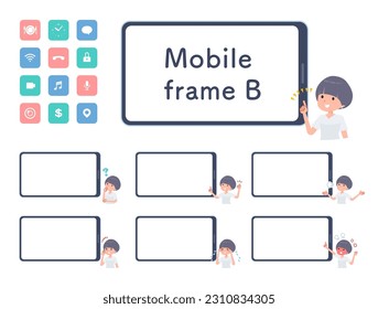 Set of t-shirt mush hair woman and smartphone screen.type-B.It's vector art so easy to edit.The inside of the screen is transparent, so it is easy to fit.