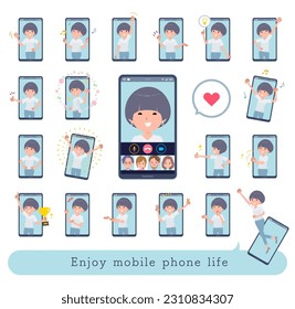 Set of t-shirt mush hair woman who enjoy smartphones and online.It's vector art so easy to edit.