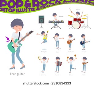 Set of t-shirt mush hair woman playing rock 'n' roll and pop music.It's vector art so easy to edit.