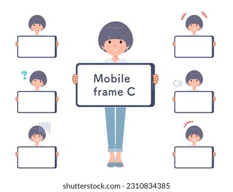 Set of t-shirt mush hair woman and smartphone screen.type-C.It's vector art so easy to edit.The inside of the screen is transparent, so it is easy to fit.