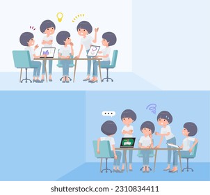 Set of t-shirt mush hair woman having an intracerebral meeting.It's vector art so easy to edit.