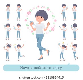 Set of t-shirt mush hair woman to enjoy using a smartphone.It's vector art so easy to edit.