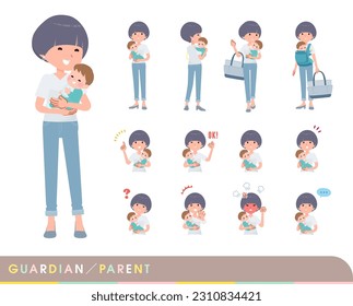 Set of t-shirt mush hair woman who are guardian of baby.It's vector art so easy to edit.