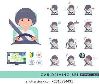 Set of t-shirt mush hair woman driving a car(driving seat).It's vector art so easy to edit.