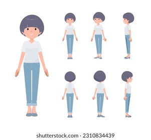 Set of t-shirt mush hair woman standing.Front, side and back angles.It's vector art so easy to edit.