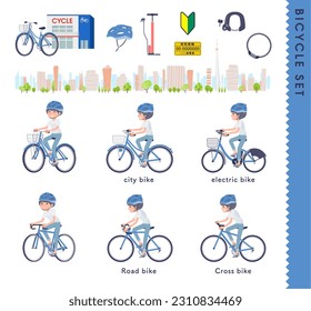 Set of t-shirt mush hair woman riding various bicycles.It's vector art so easy to edit.