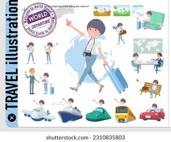 Set of t-shirt mush hair woman on travel.It's vector art so easy to edit.