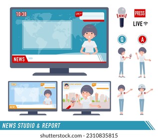 Set of t-shirt mush hair woman appearing in news programs.It's vector art so easy to edit.