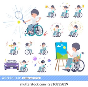 Set of t-shirt mush hair woman in a wheelchair.About hobbies and lifestyle.It's vector art so easy to edit.