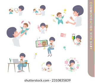 Set of t-shirt mush hair woman who communicate with their baby.It's vector art so easy to edit.