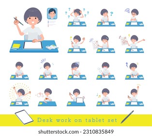 Set of t-shirt mush hair woman studying on a tablet device.It's vector art so easy to edit.