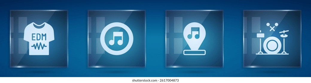 Set T-shirt, Music note, tone,  and Drums. Square glass panels. Vector