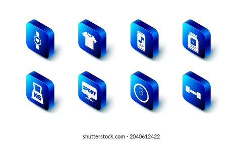 Set T-shirt, Music player, Sports nutrition, Dumbbell, Weight plate, Location gym,  and Smartwatch icon. Vector