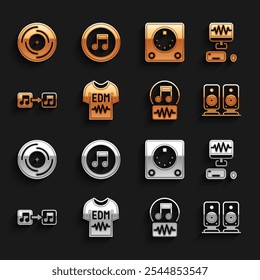 Set T-shirt, Music recording studio, Stereo speaker, note, tone, Drum machine, Vinyl disk and  icon. Vector