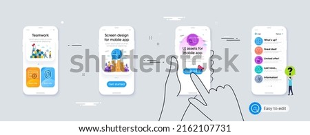 Set of T-shirt, Notification calendar and Food delivery line icons. Phone ui interface. Include Fingerprint, Seo targeting, Brush icons. Entrance, Night city, Beauty web elements. Vector