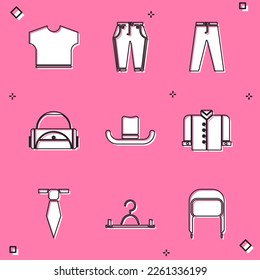 Set T-shirt, Pants, Sport bag, Man hat, Tie and Hanger wardrobe icon. Vector