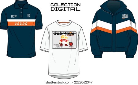 Set T-shirt Polo Bomber Jacket Retro Collection. Digital Collection. Tee With Graphics. Fashion Retro Game Pixel