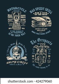  Set of t-shirt prints with bikers, skulls, motorcycle and fonts. vector illustration.