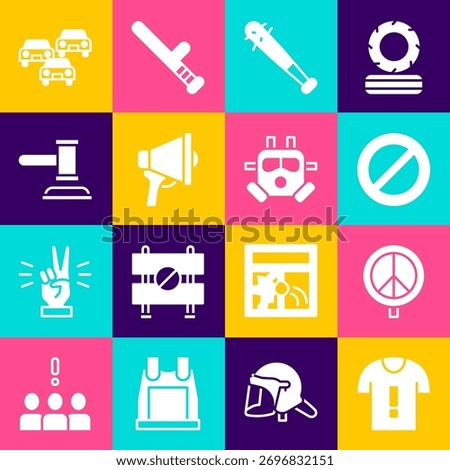 Set T-shirt protest, Peace, Ban, Baseball bat with nails, Megaphone, Judge gavel, Traffic jam and Gas mask icon. Vector