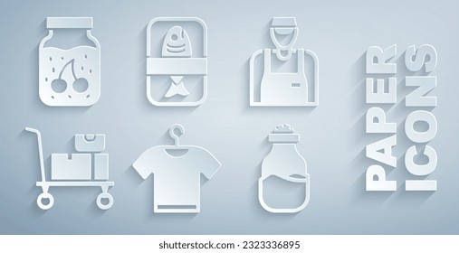 Set T-shirt, Seller, Hand truck and boxes, Spice in can, Fish plastic tray container and Jam jar icon. Vector