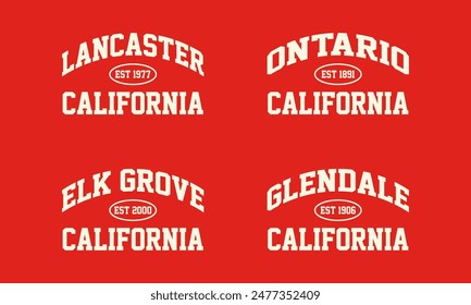 Set t-shirt stamp graphic, California travel wear typography city emblem. Lancaster, Ontario, Elk Grove, Glendale vintage tee print, sport apparel design shirt graphic print