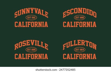 Set t-shirt stamp graphic, California travel wear typography city emblem. Sunnyvale, Escondido, Roseville, Fullerton vintage tee print, sport apparel design shirt graphic print