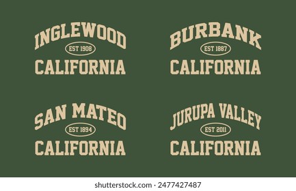 Set t-shirt stamp graphic, California travel wear typography city emblem. Inglewood, Burbank, San Mateo, Jurupa Valley vintage tee print, sport apparel design shirt graphic print