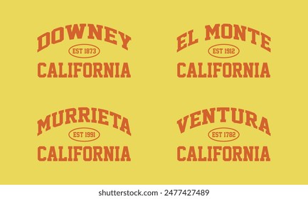 Set t-shirt stamp graphic, California travel wear typography city emblem. Downey, El Monte, Murrieta, Ventura vintage tee print, sport apparel design shirt graphic print