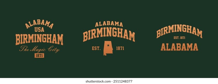 Conjunto de sellos gráficos de camisetas, emblema de tipografía de ropa de viaje de Alabama, estampado de camiseta vintage de Birmingham, estampado gráfico de camiseta de diseño de ropa deportiva