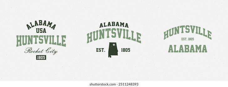 Set t-shirt stamps graphic, Alabama travel wear typography emblem Huntsville vintage tee print, sport apparel design shirt graphic print