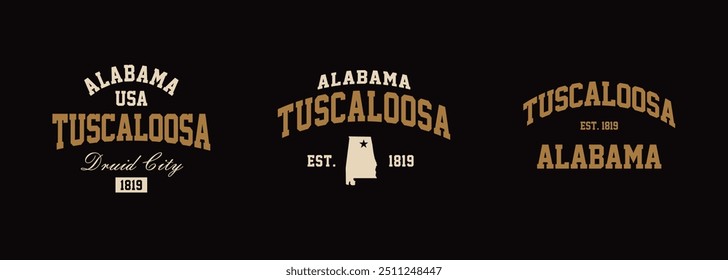 Set t-shirt stamps graphic, Alabama travel wear typography emblem Tuscaloosa vintage tee print, sport apparel design shirt graphic print