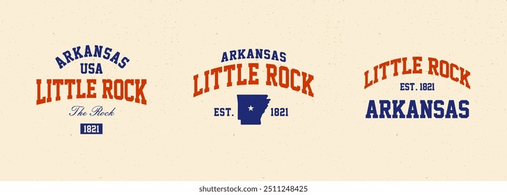 Set t-shirt stamps graphic, Arkansas travel wear typography emblem Little Rock vintage tee print, sport apparel design shirt graphic print