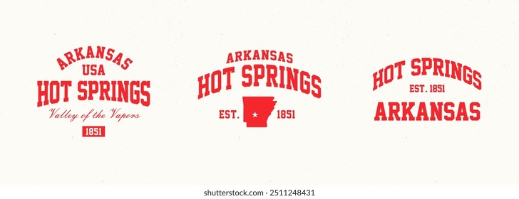 Set t-shirt stamps graphic, Arkansas travel wear typography emblem Hot Springs vintage tee print, sport apparel design shirt graphic print