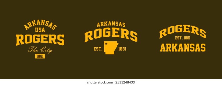 Set t-shirt stamps graphic, Arkansas travel wear typography emblem Rogers vintage tee print, sport apparel design shirt graphic print