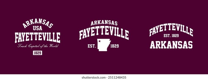 Set t-shirt stamps graphic, Arkansas travel wear typography emblem Fayetteville vintage tee print, sport apparel design shirt graphic print