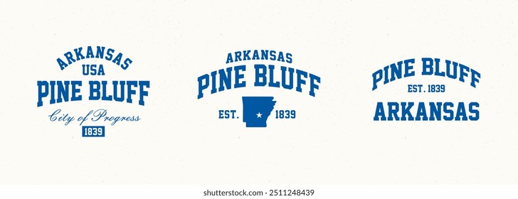 Set t-shirt stamps graphic, Arkansas travel wear typography emblem Pine Bluff vintage tee print, sport apparel design shirt graphic print